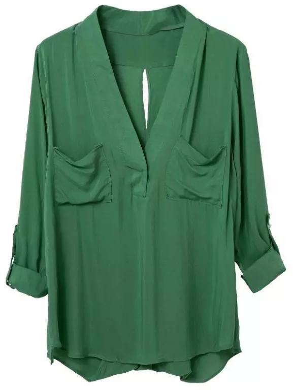 Shein Green Pockets Cross Back Long Sleeve Blouse