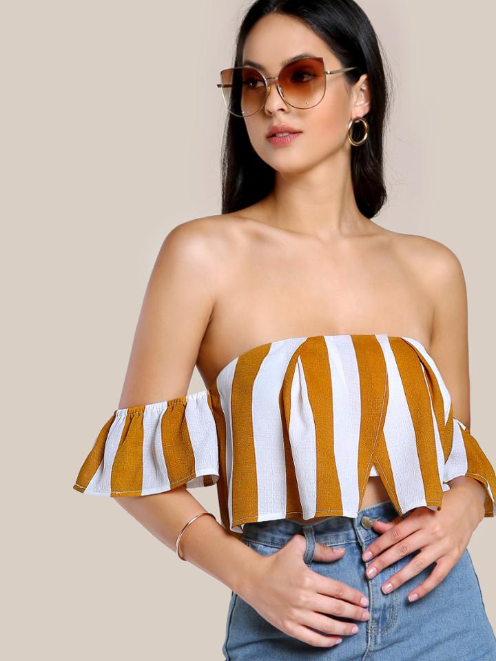 Shein Striped Crop Overlap Bardot Top