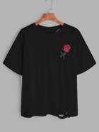 Shein Black Rose Embroidered Ripped T-shirt