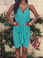 Shein Blue Seafoam Halter Ruffle Asymetric Backless Slim Dress