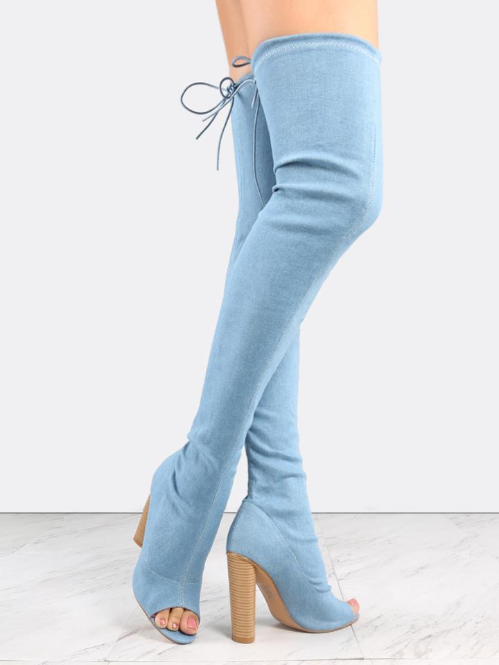 Shein Blue Denim Peep Toe Chunky Heel Over The Knee Boots