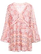 Shein Pink Floral Print V Neck Hollow Out Dress