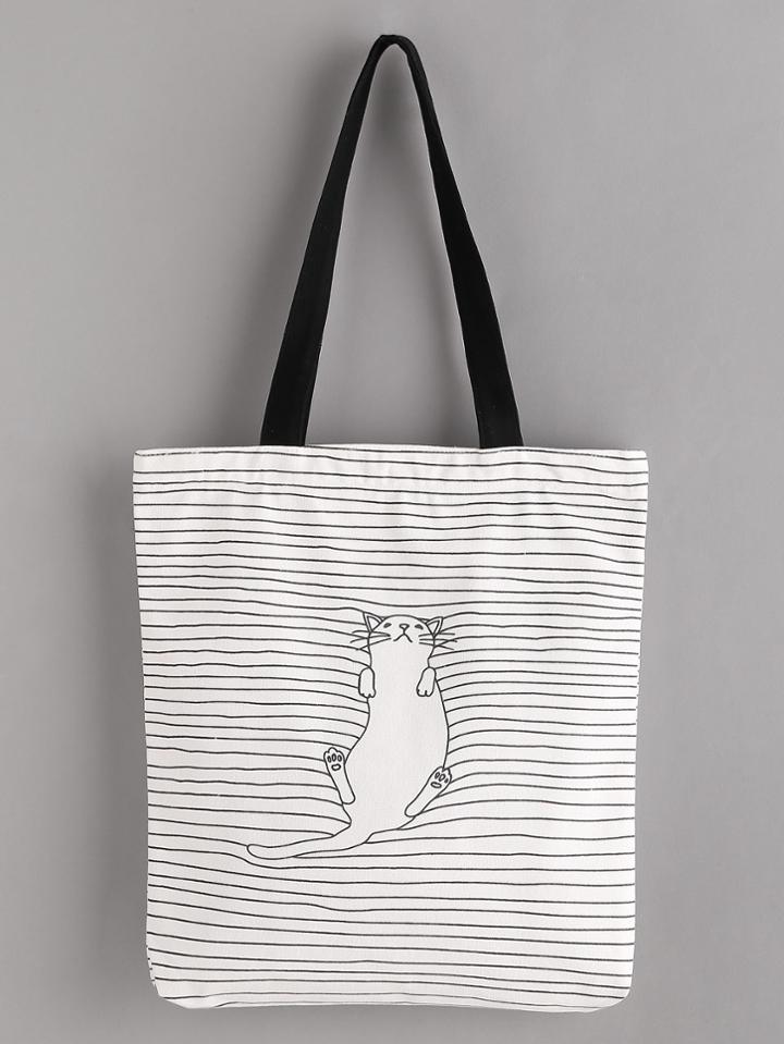 Shein Sleeping Cat Print Linen Tote Bag
