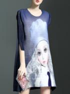 Shein Blue Girl Print Pleated Elastic Dress