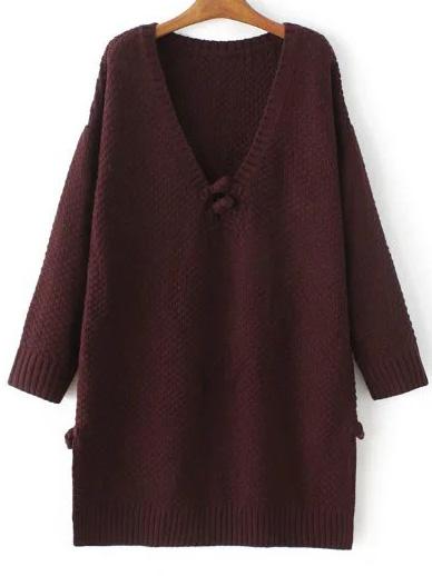 Shein Burgundy Button Detail V Neck Long Sweater