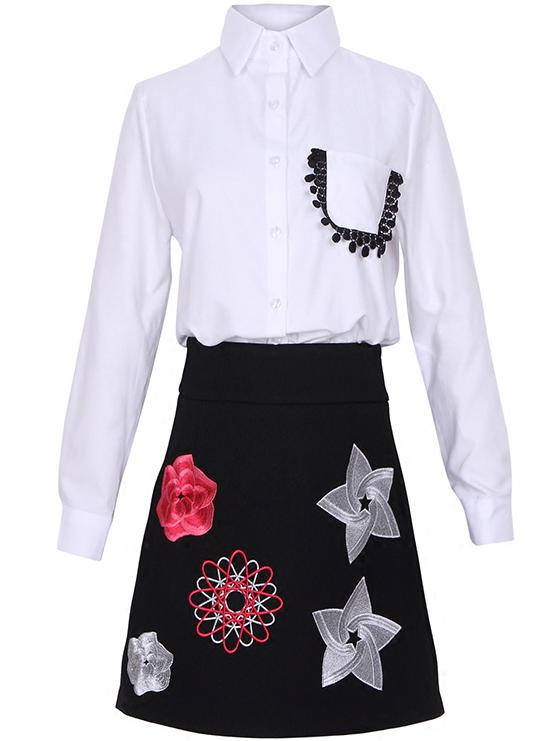 Shein White Lapel Pocket Top With Embroidered Skirt