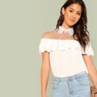 Shein Pearl Embellished Mesh Yoke Tiered Blouse