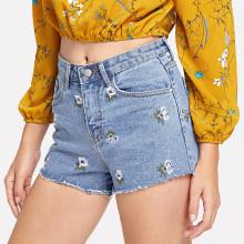 Shein Frayed Hem Print Denim Shorts