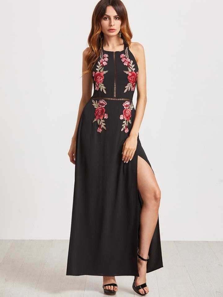 Shein Black Backless Hollow High Slit Appliques Dress