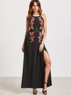 Shein Black Backless Hollow High Slit Appliques Dress
