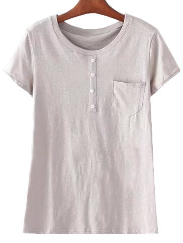 Shein Grey Buttons Pocket Casual T-shirt