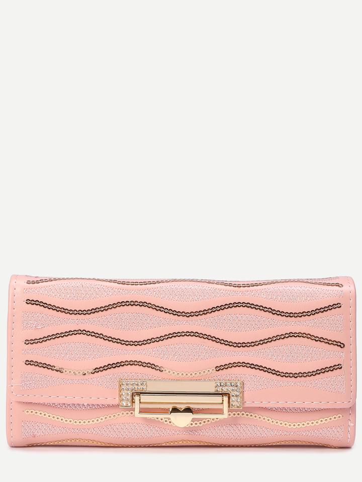 Shein Pink Fold Over Flip Lock Embroidered Sequin Wallet