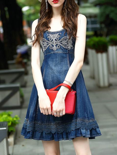 Shein Blue Strap Embroidered Denim Dress