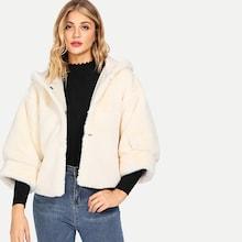 Shein 3/4 Sleeve Curved Back Faux Fur Hooded Coat