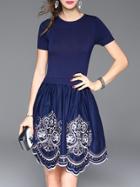 Shein Blue Knit Embroidered A-line Combo Dress