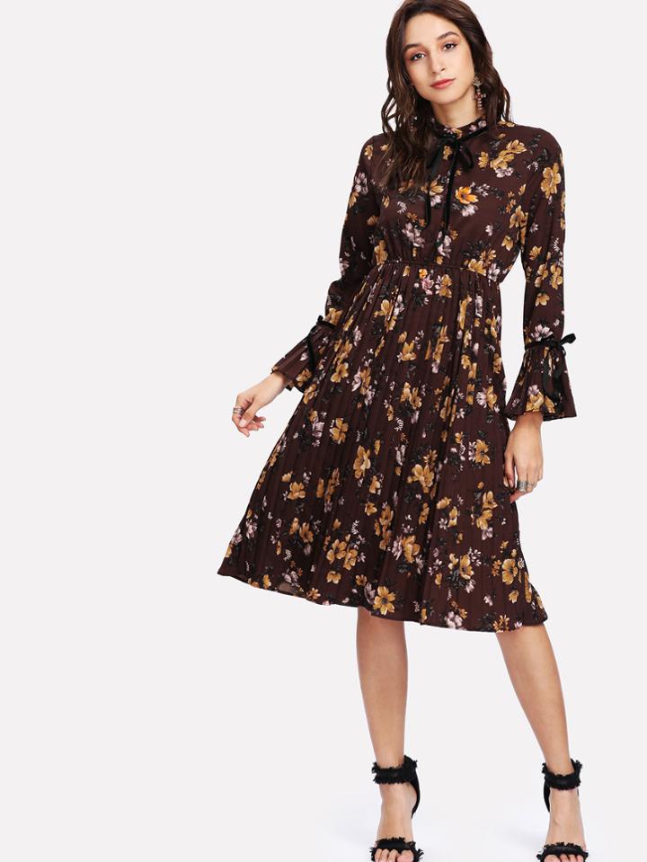 Shein Botanical Print Bow Tie Cuff Pleated Dress