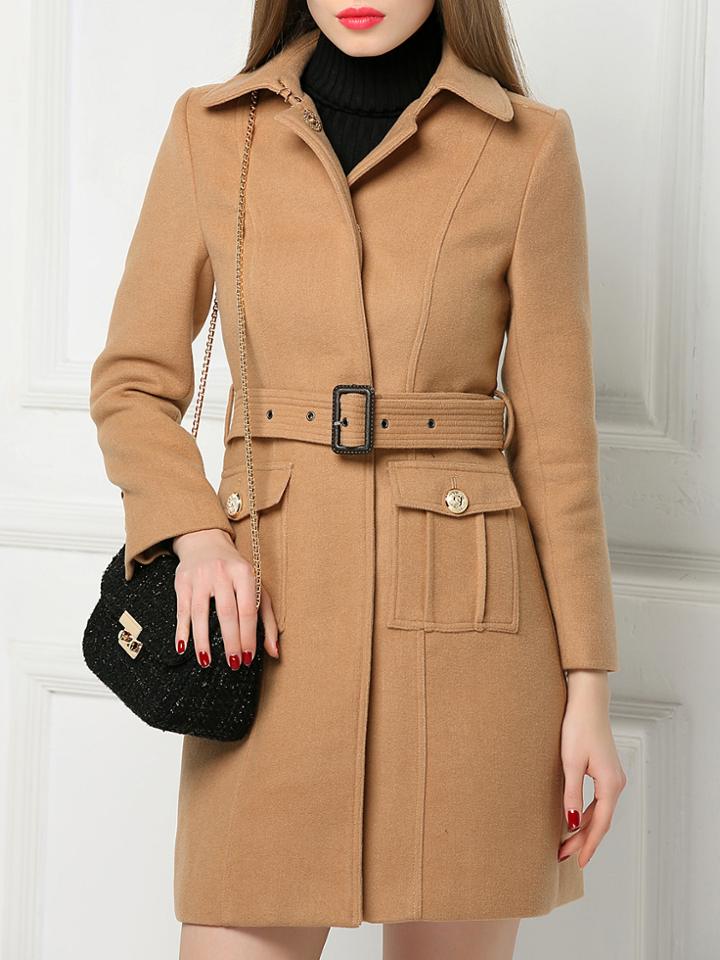 Shein Camel Lapel Long Sleeve Drawstring Pockets Woolen Coat