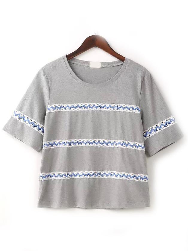 Shein Grey Crew Neck Lace Striped T-shirt