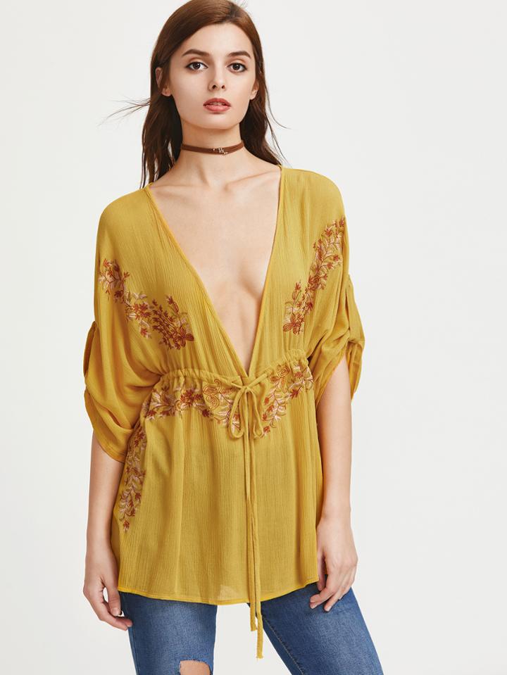 Shein Plunging V Neckline Embroidered Tie Front Top