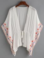 Shein Tie-front Lace Trimmed Embroidered Poncho Blouse - White