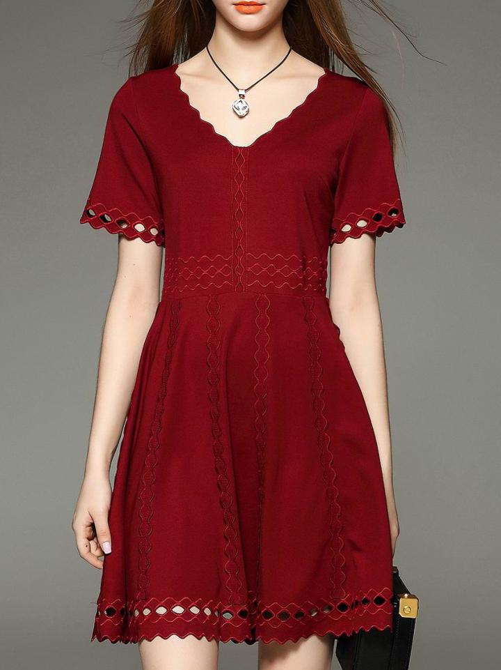 Shein Burgundy V Neck Embroidered Hollow A-line Dress
