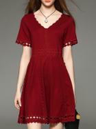 Shein Burgundy V Neck Embroidered Hollow A-line Dress