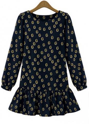 Rosewe Lovely Puff Sleeve Navy Printed A Line Dress