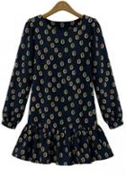 Rosewe Lovely Puff Sleeve Navy Printed A Line Dress