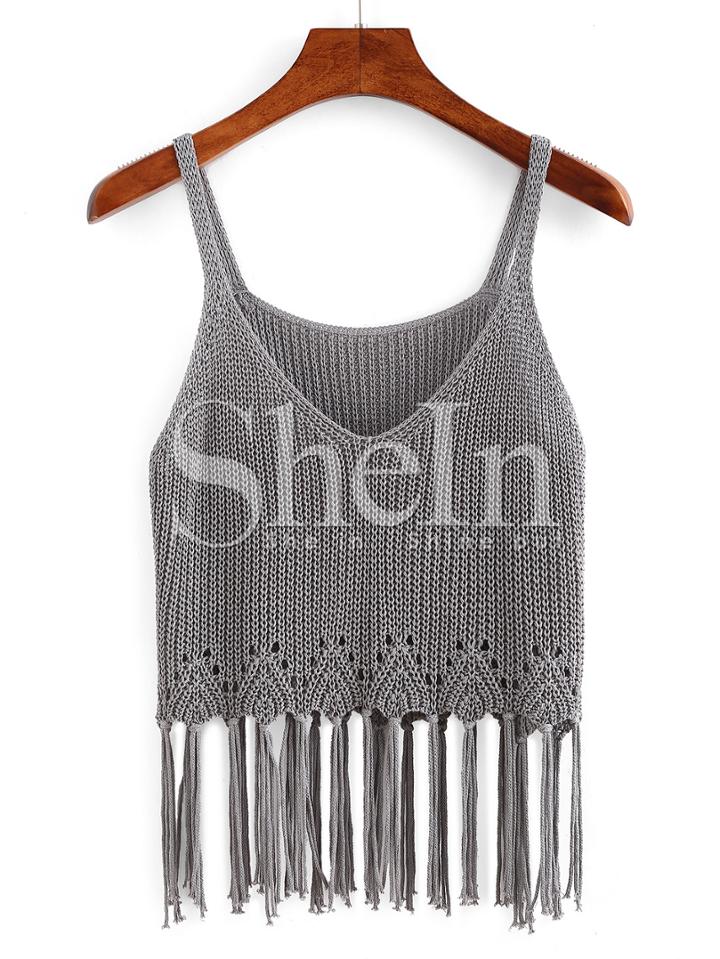 Shein Grey Scoop Neck Tassel Tank Top