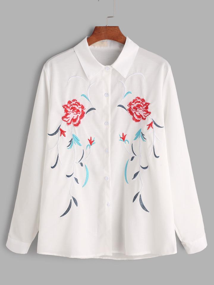 Shein Pointed Collar Flower Embroidered Shirt