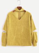 Shein Yellow Choker V Neck Zip Detail Corduroy Sweatshirt