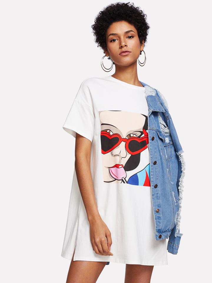 Shein Slit Side Figure Print Drop Shoulder Tee Dress