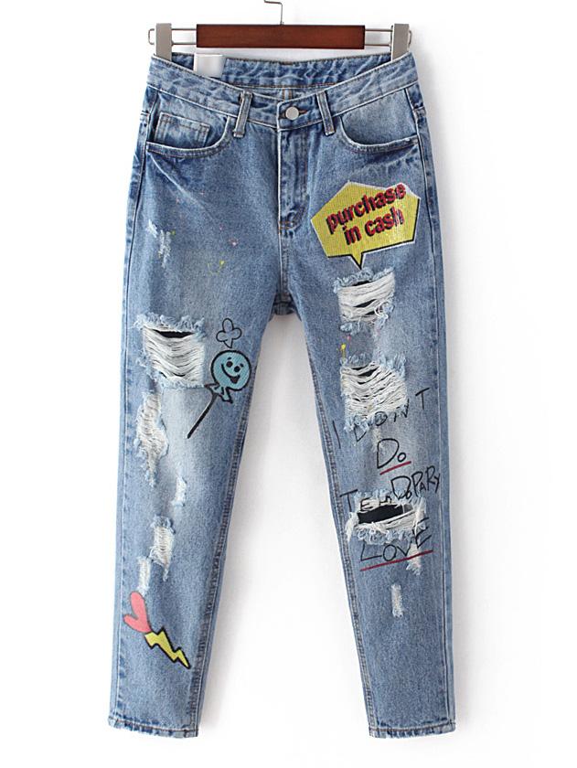 Shein Blue Print Button Ripped Jeans