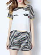 Shein Multicolor Eyes Applique Pouf Top With Print Shorts