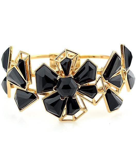 Shein Black Gemstone Gold Hollow Flower Bracelet