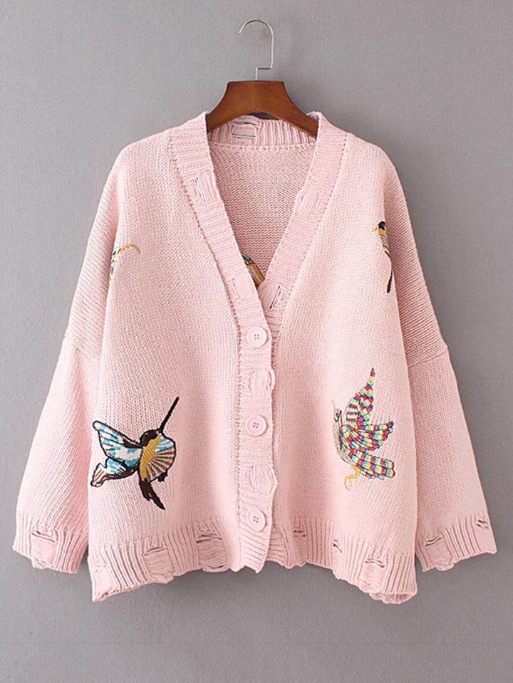 Shein Bird Embroidery Ribbed Sweater Coat