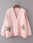 Shein Bird Embroidery Ribbed Sweater Coat