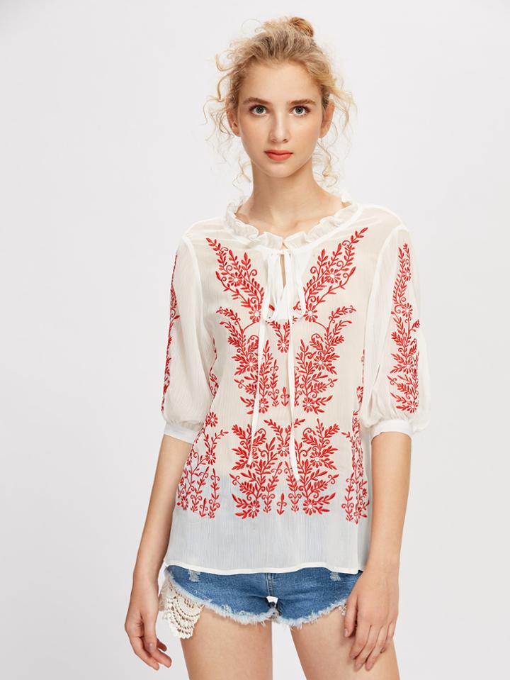 Shein Frilled Tie Neck Vine Embroidered Blouse