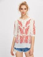 Shein Frilled Tie Neck Vine Embroidered Blouse