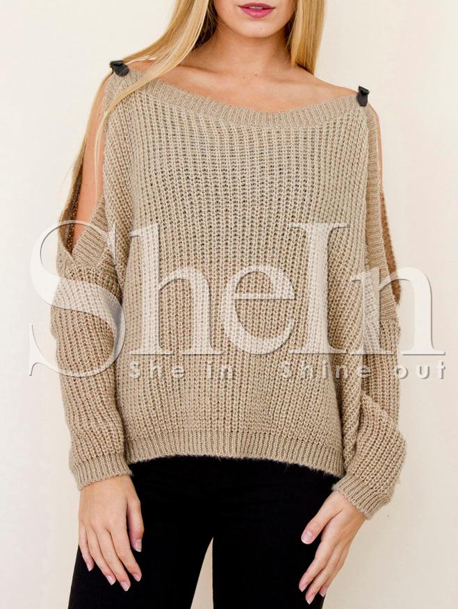 Shein Apricot Dolman Sleeve Cold Shoulder Slouchy Sweater