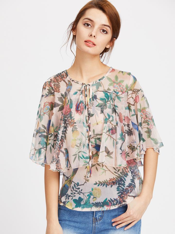 Shein Tie Neck Keyhole Back Floral Chiffon Cape Top