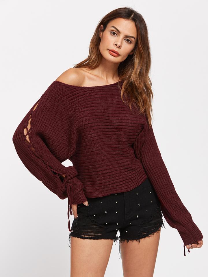 Shein Rib Knit Lace Up Dolman Sleeve Jumper
