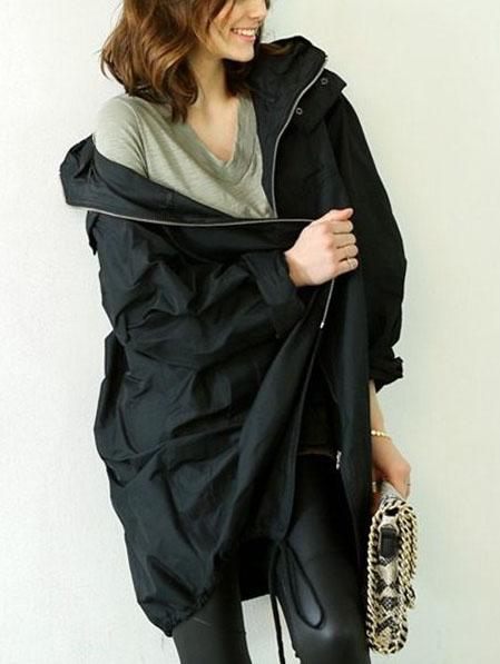 Shein Black Hooded Zipper Loose Coat