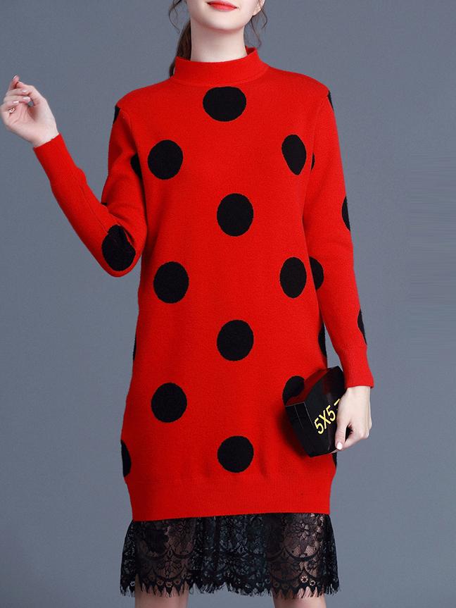 Shein Red Polka Dot Knit Contrast Lace Dress