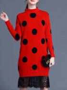 Shein Red Polka Dot Knit Contrast Lace Dress