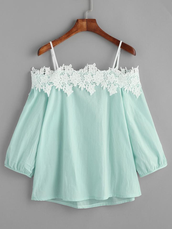 Shein Light Green Cold Shoulder Appliques Top