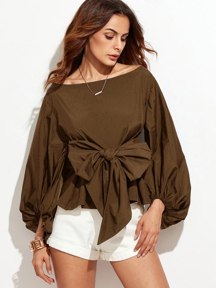 Shein Brown Boat Neck Lantern Sleeve Bowknot Blouse