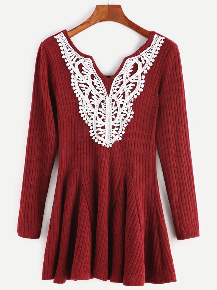Shein Burgundy Ribbed Contrast Crochet Peplum T-shirt
