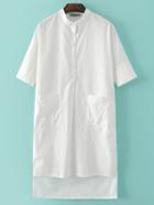 Shein White Band Collar Buttons High Low Casual Dress