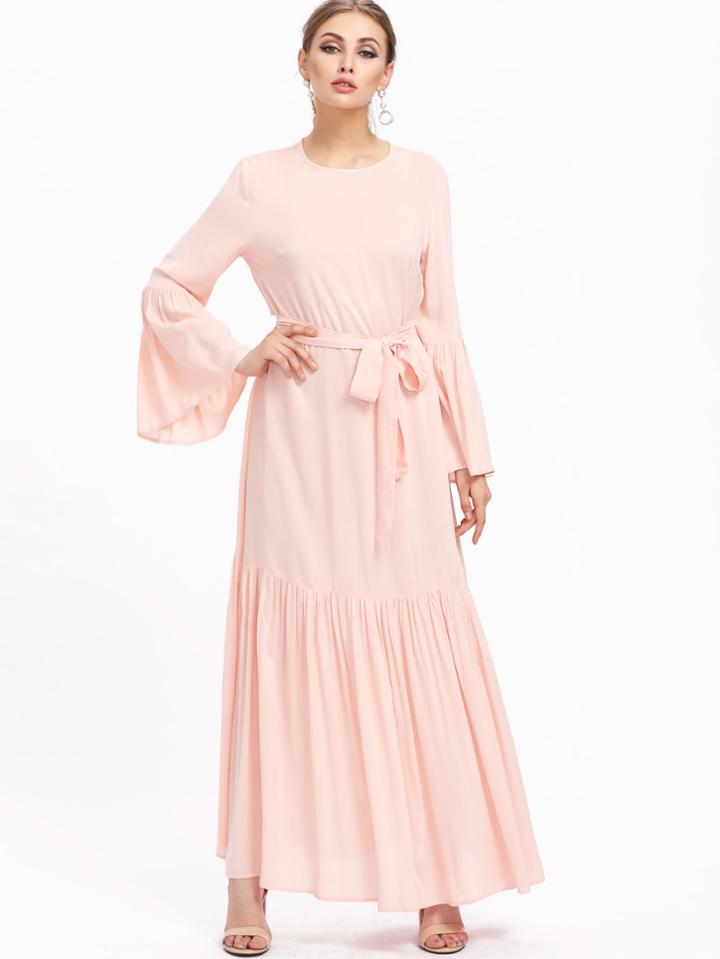 Shein Self Tie Trumpet Sleeve Tiered Kaftan Dress